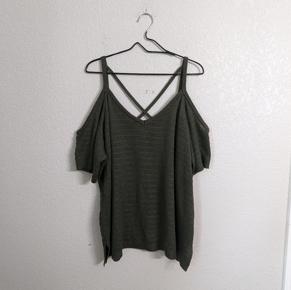 Torrid Knit Dark Green Cold Shoulder Sweater Top Short Sleeve Crossed Straps 4X - Picture 2 of 8